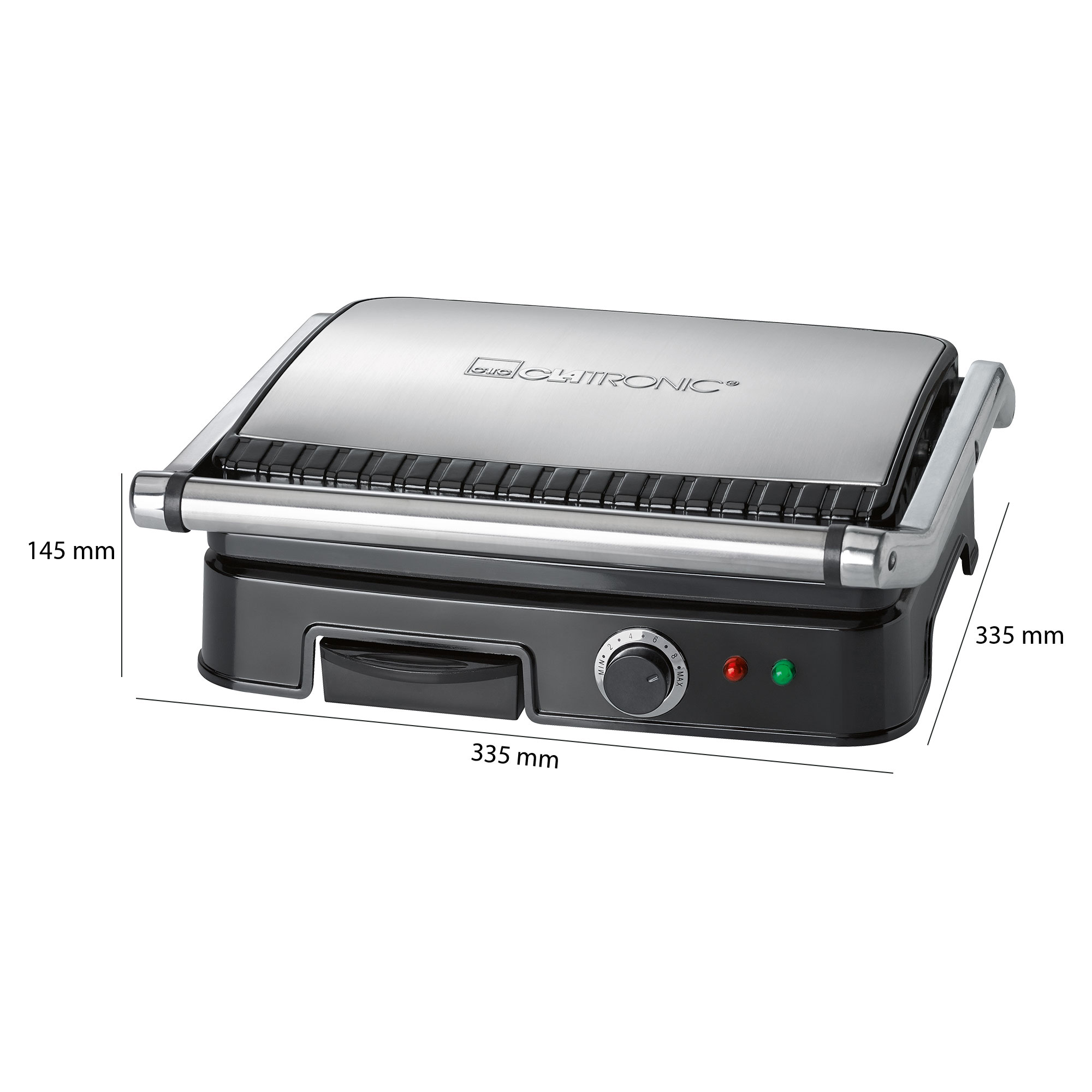 Schwarzer und silberner Sandwichgrill mit Abmessungen. Schwarzer Sockel, silbernes Oberteil. Abmessungen sind angegeben.