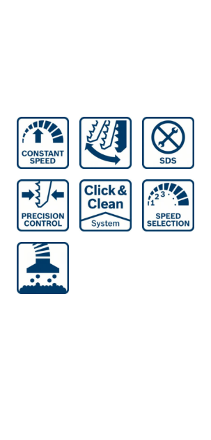 Ikonok, amelyek a konstans sebességet, precíziós vezérlést, SDS-t, Click & Clean rendszert, sebességválasztást mutatják.