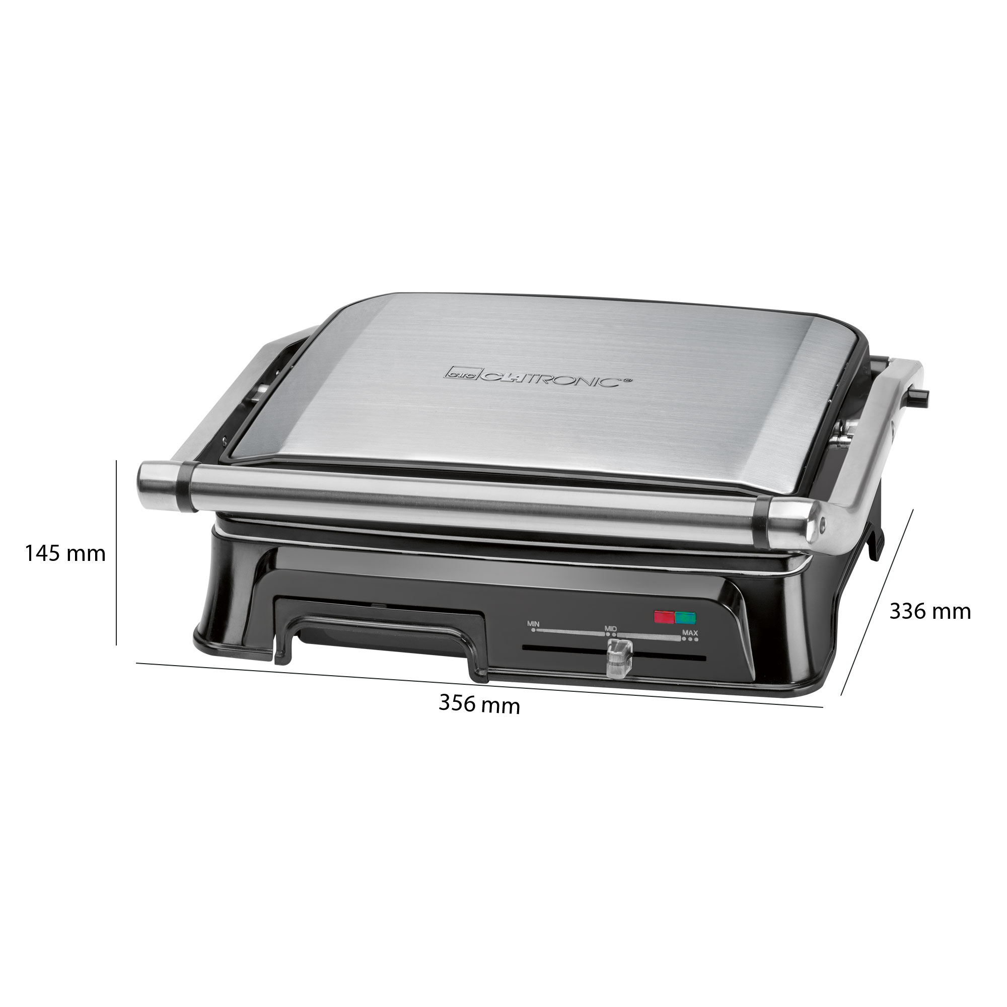 Ein silberner und schwarzer Panini-Grill. Abmessungen sind auf der linken und rechten Seite angegeben.