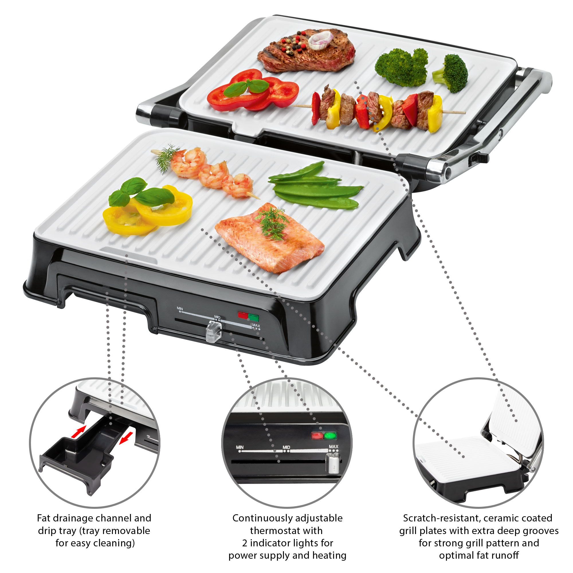 Elektrischer Grill mit Essen. Fleisch, Garnelen und Gemüse werden auf den Rosten gegrillt.