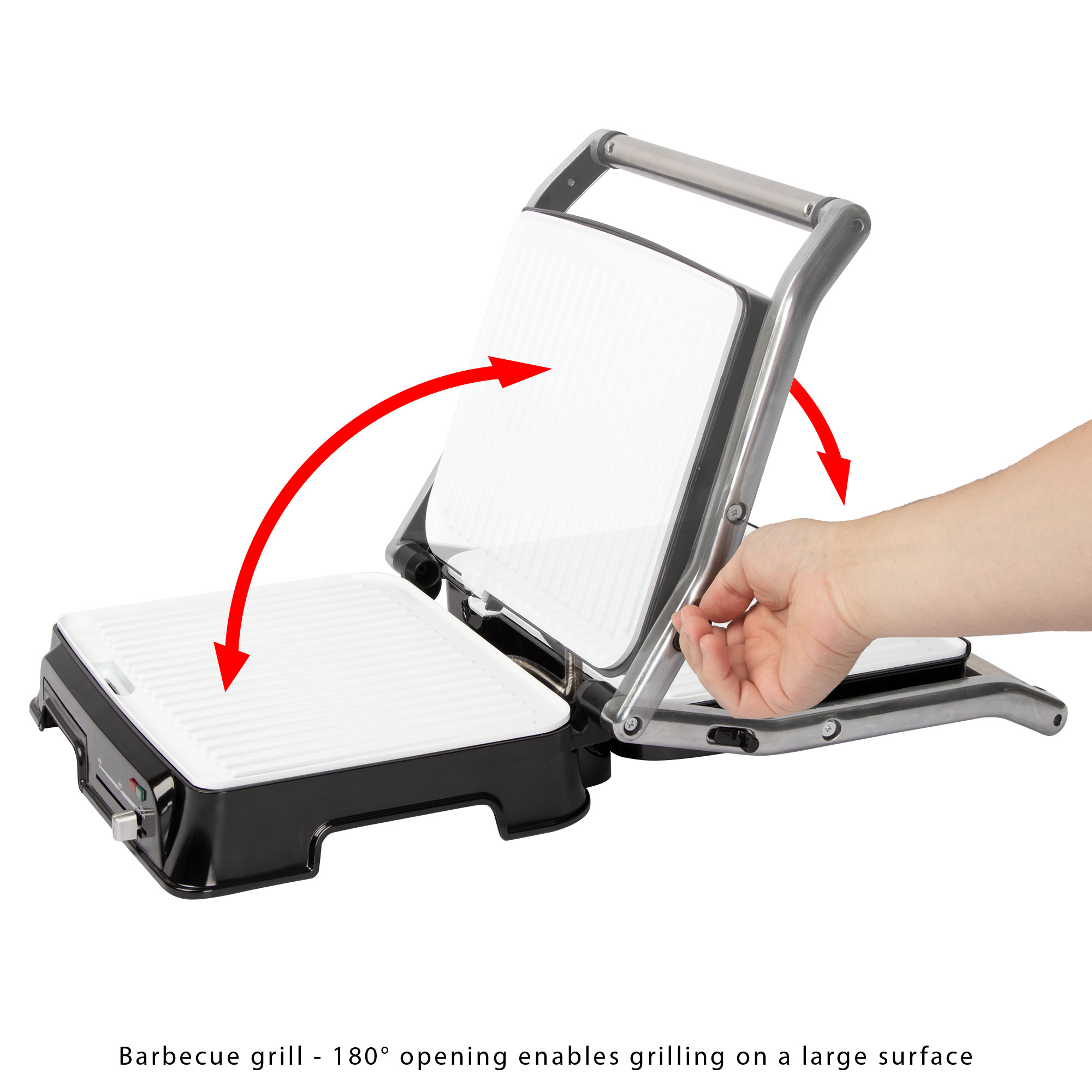 Ein Grill öffnet sich auf 180 Grad. Eine Hand öffnet den Grill. Der Grill ist schwarz und weiß.
