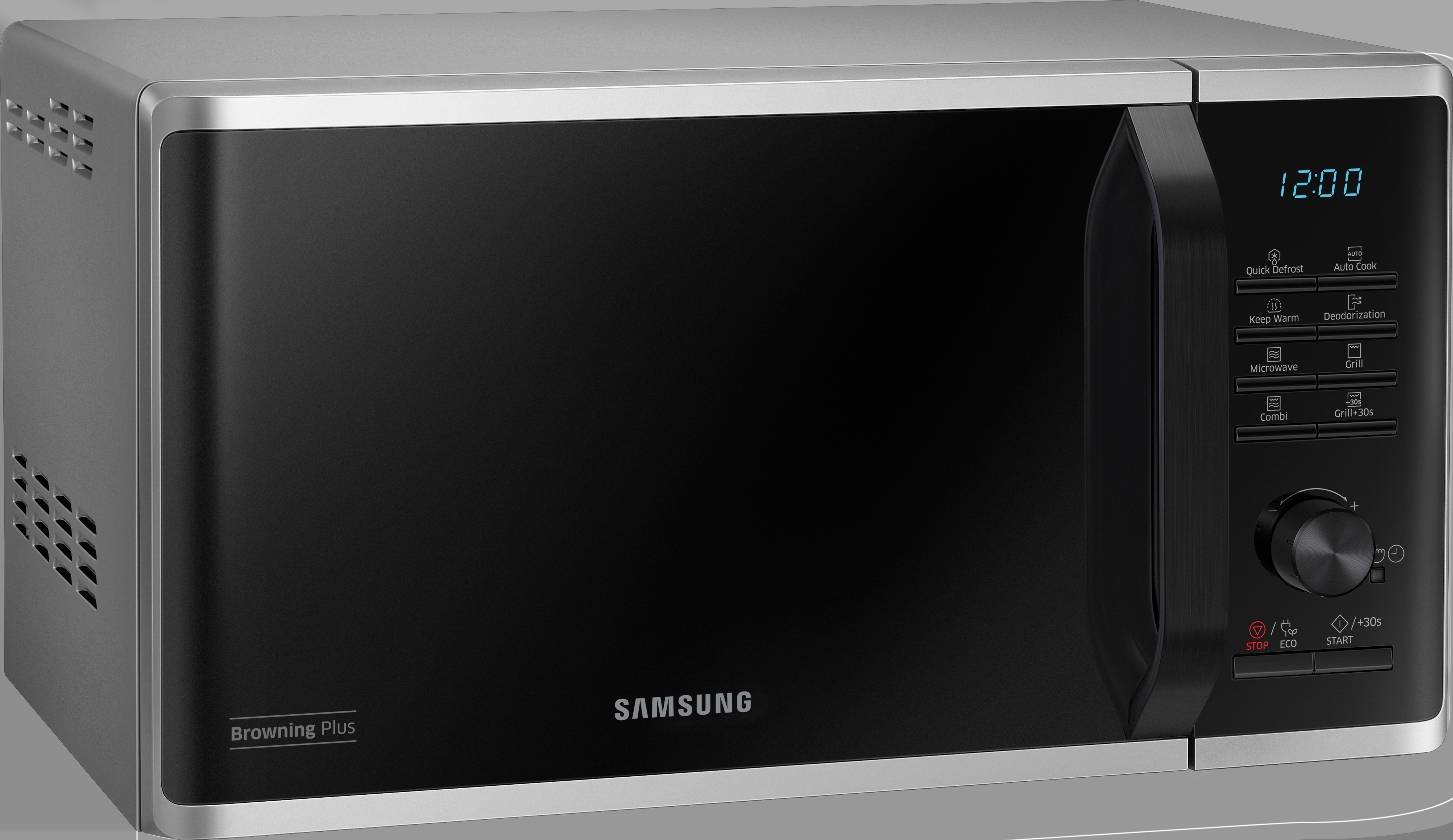 Samsung-Mikrowelle mit schwarzer Tür, Digitalanzeige und Bedienfeld.