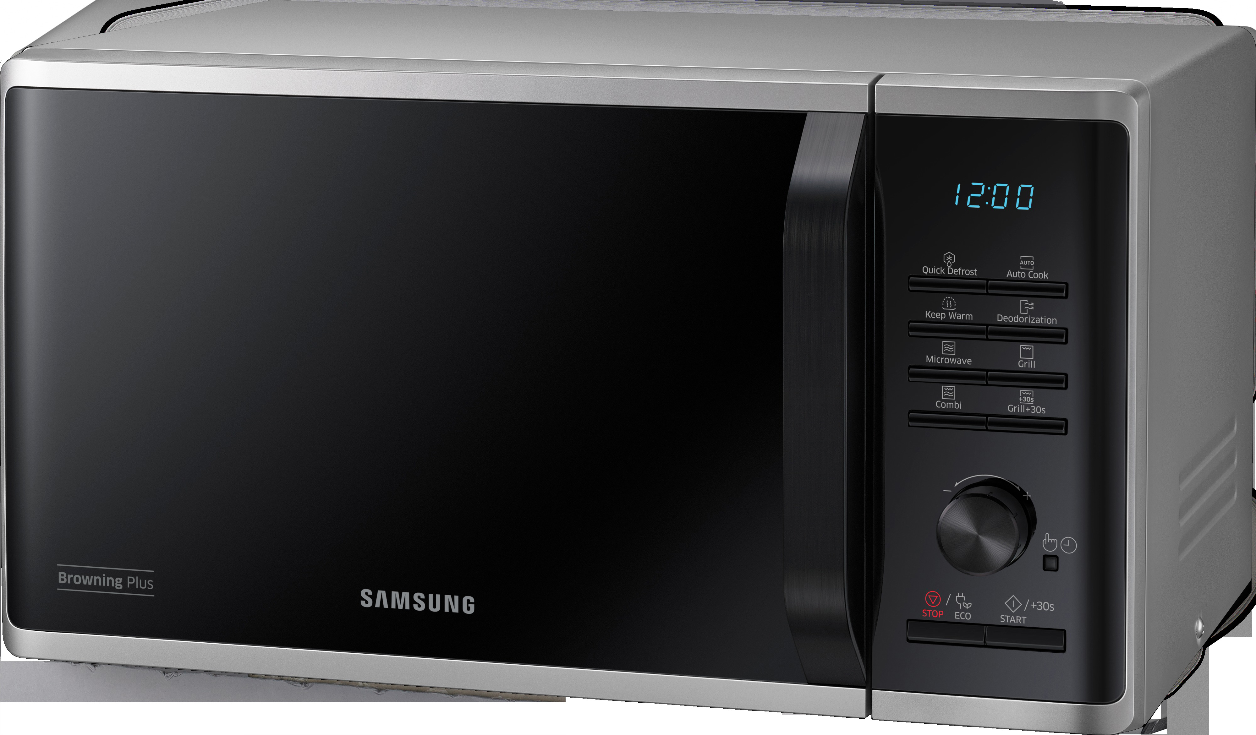 Ein schwarzer und silberner Samsung Mikrowellenherd mit digitaler Uhranzeige und Bedienfeld.