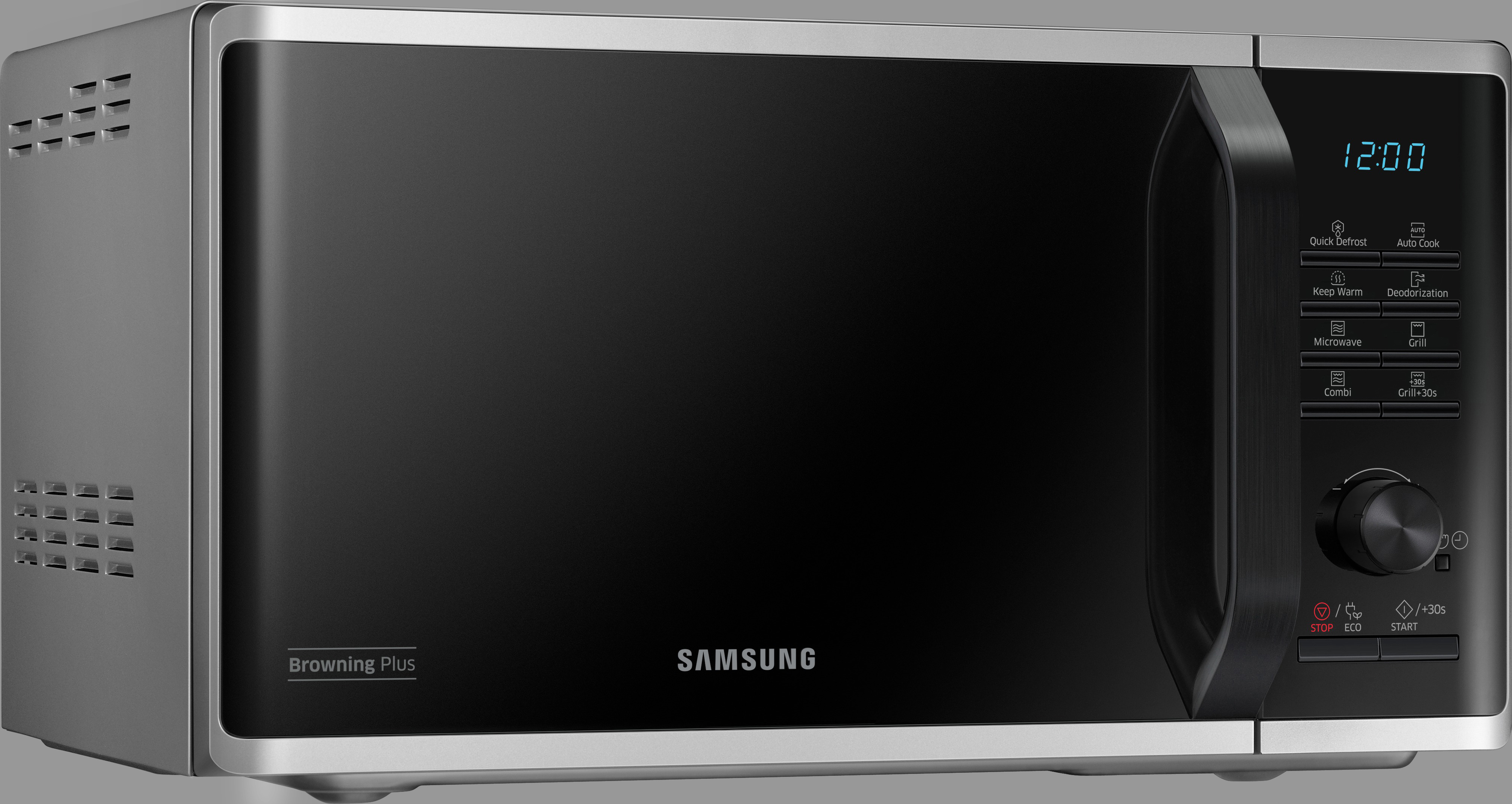 Schwarze Samsung Mikrowelle mit Digitalanzeige und Bedienfeld.