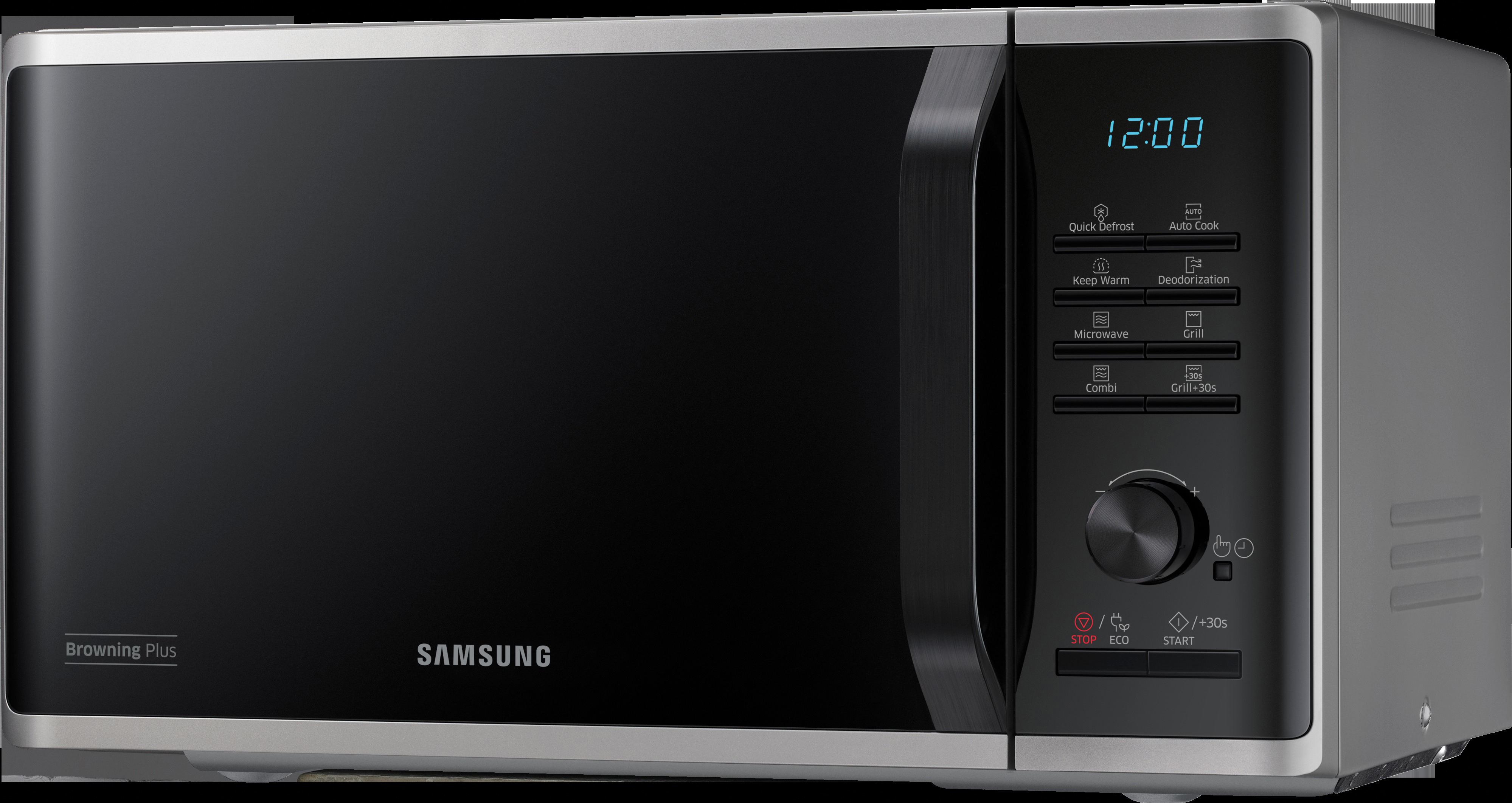 Ein schwarzer und grauer Samsung-Mikrowellenherd. Er hat digitale Bedienelemente und ein Display.