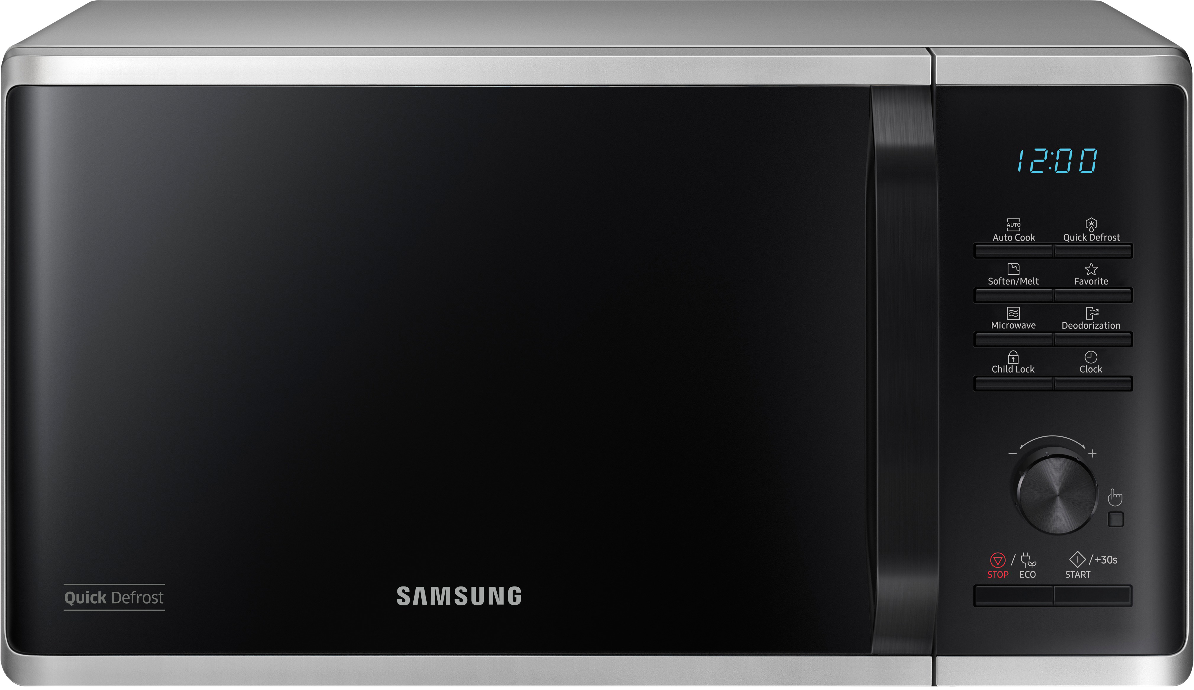 Samsung Mikrowelle, schwarze Front mit digitaler Anzeige mit 12:00 und Funktionstasten.