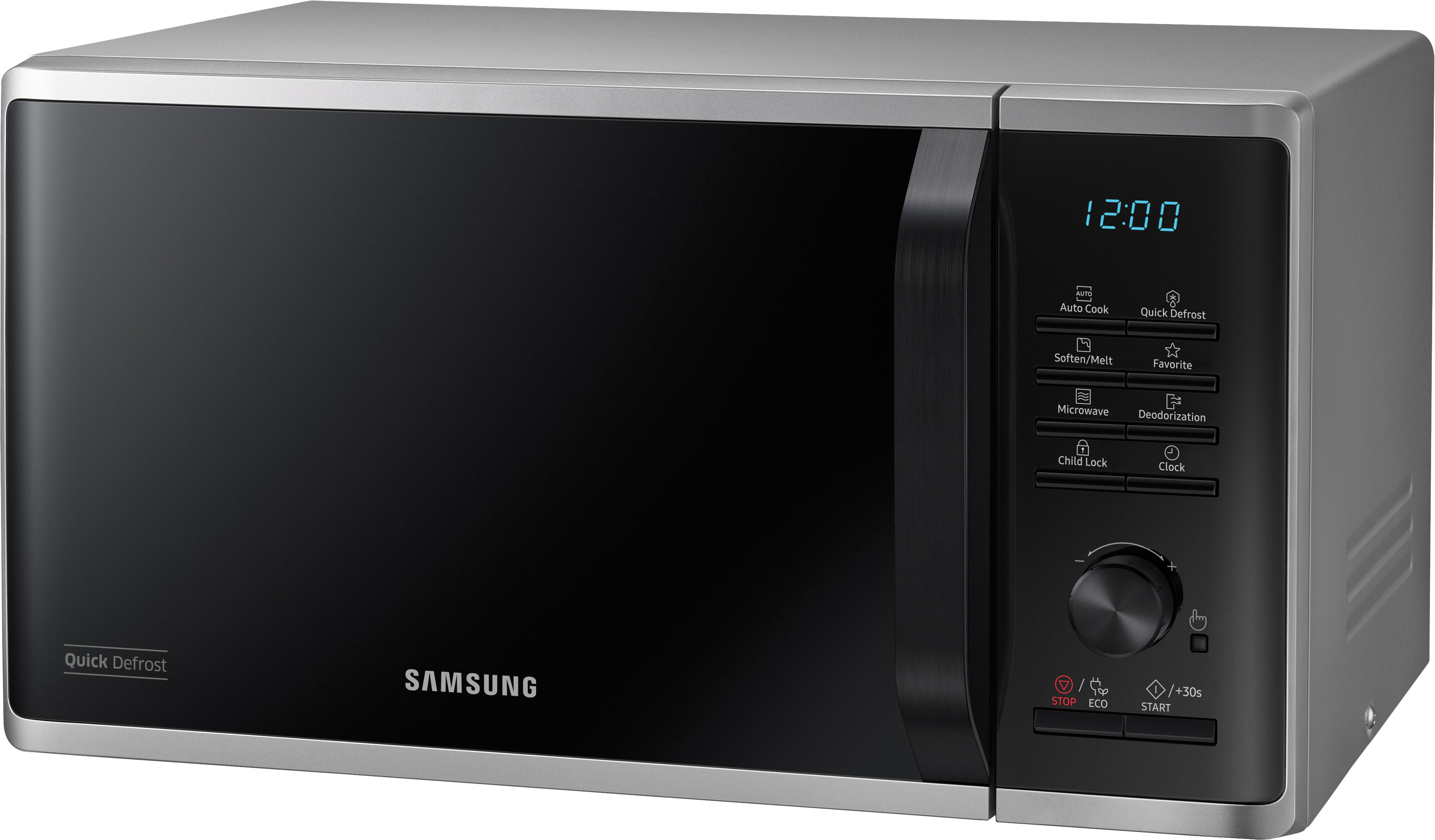 Silberne Samsung-Mikrowelle. Schwarze Tür mit Anzeige 12:00. Knöpfe und Drehregler.
