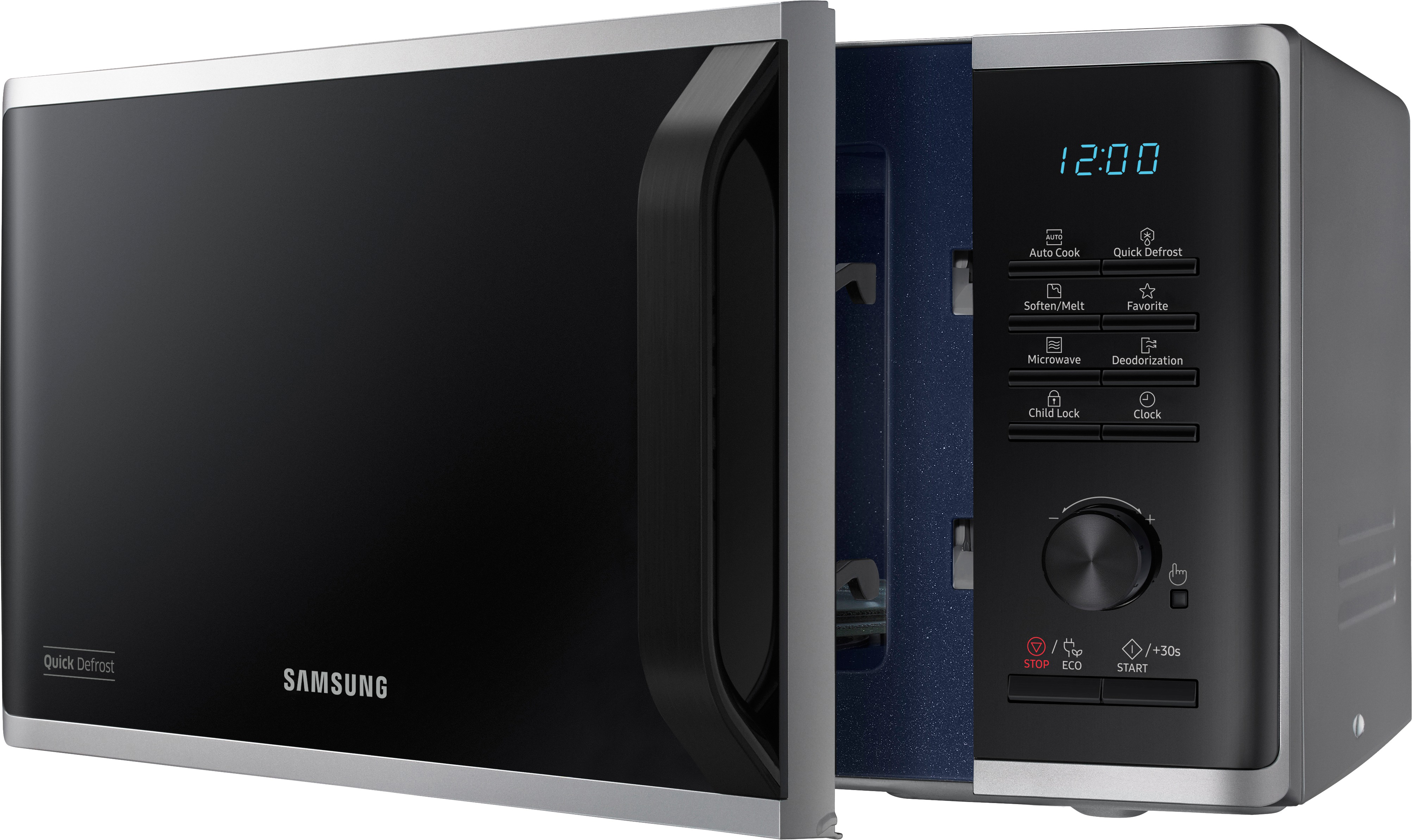 Samsung Mikrowelle, offen, mit Digitalanzeige und Bedienfeld, schwarz und grau.