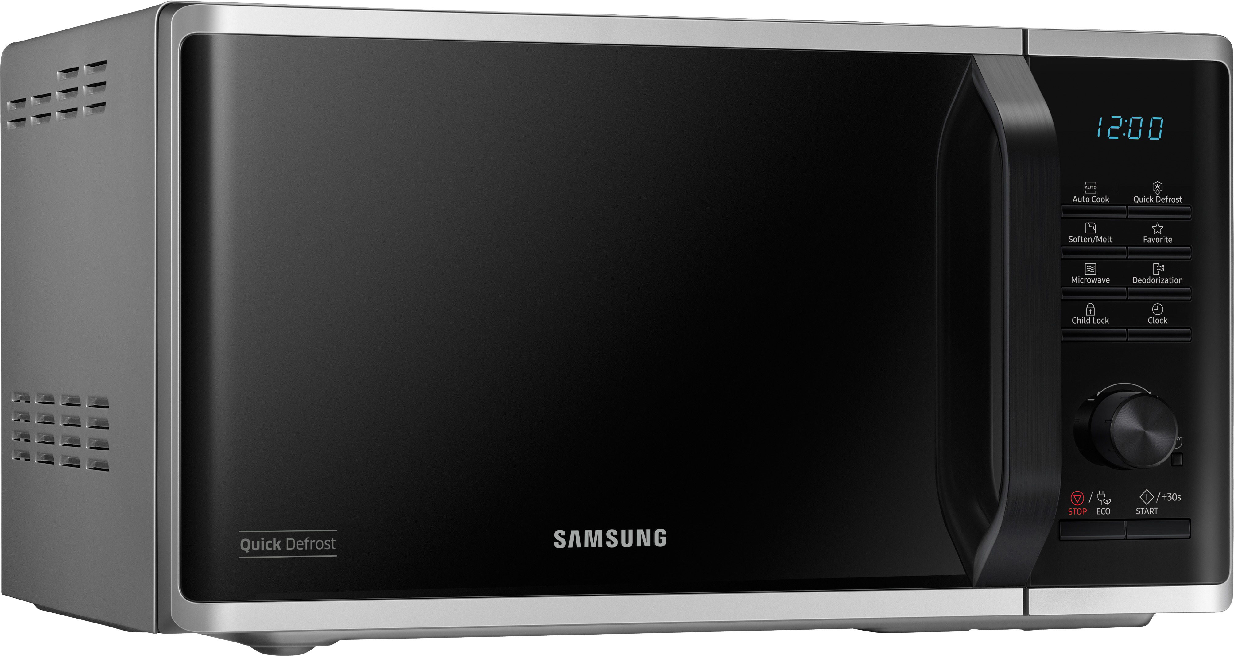 Eine schwarze Samsung Mikrowelle mit Digitaluhr und verschiedenen Bedientasten.