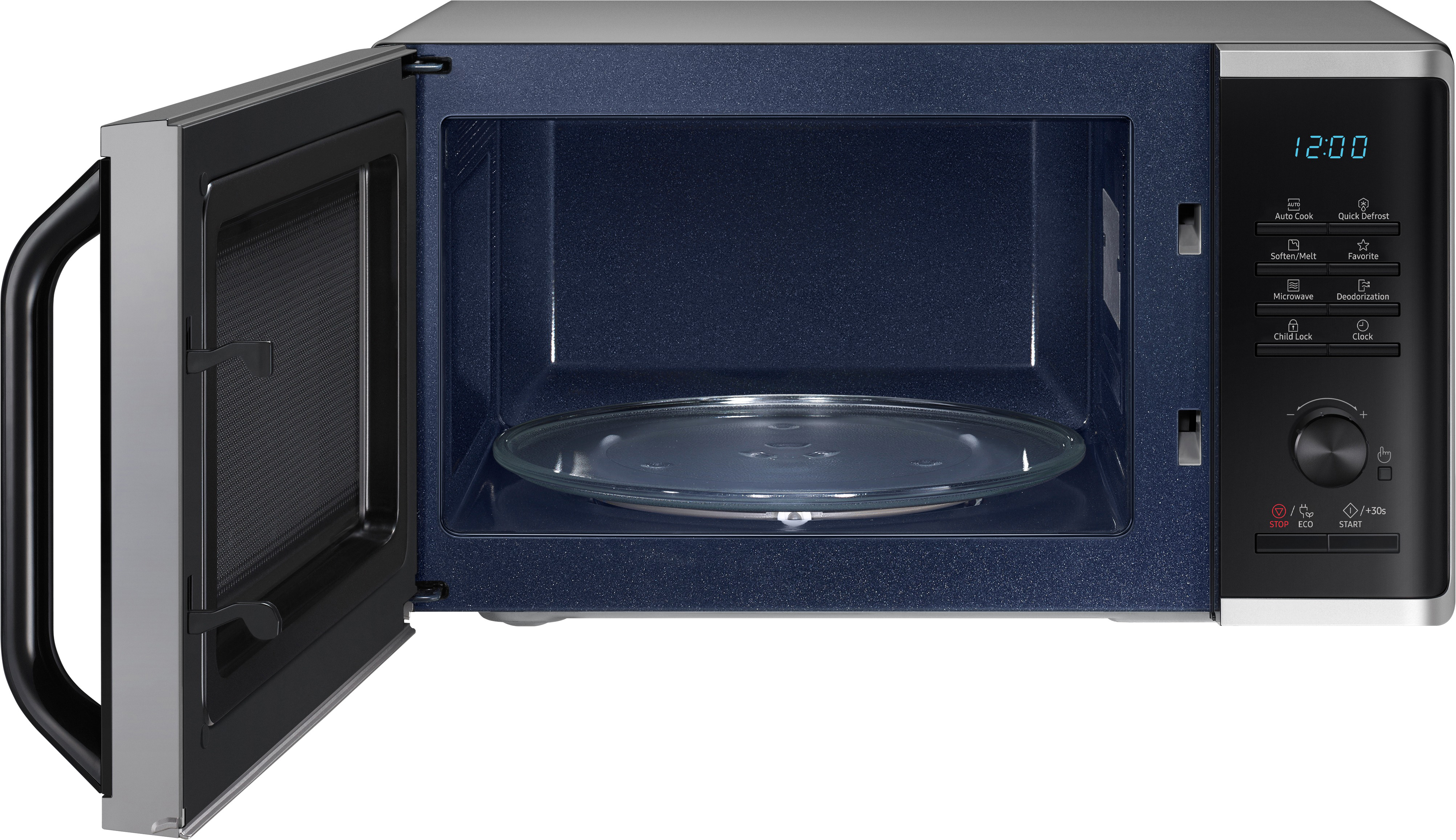Mikrowellen-Innenraum offen: Glasplatte, blauer Innenraum, Bedienfeld mit Digitaluhr.