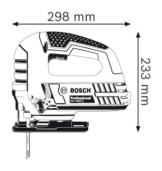 Egy Bosch szúrófűrész a méretekkel. Fehér, fekete és kék díszítésekkel.