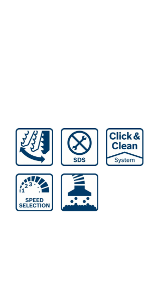 Ikonok: vágás, SDS, click & clean rendszer, sebességválasztás és porelszívás.