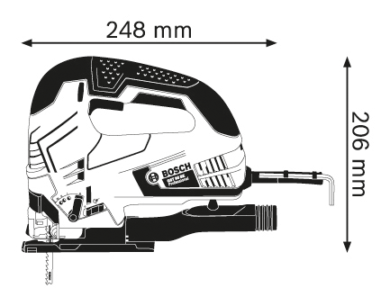 Egy Bosch szúrófűrész oldalsó nézete, méretekkel mm-ben: 248 mm hosszúság és 206 mm magasság.
