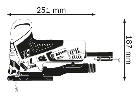 Szúrófűrész diagramja, méretekkel: 251 mm hosszú és 187 mm magas. Fekete-fehér.