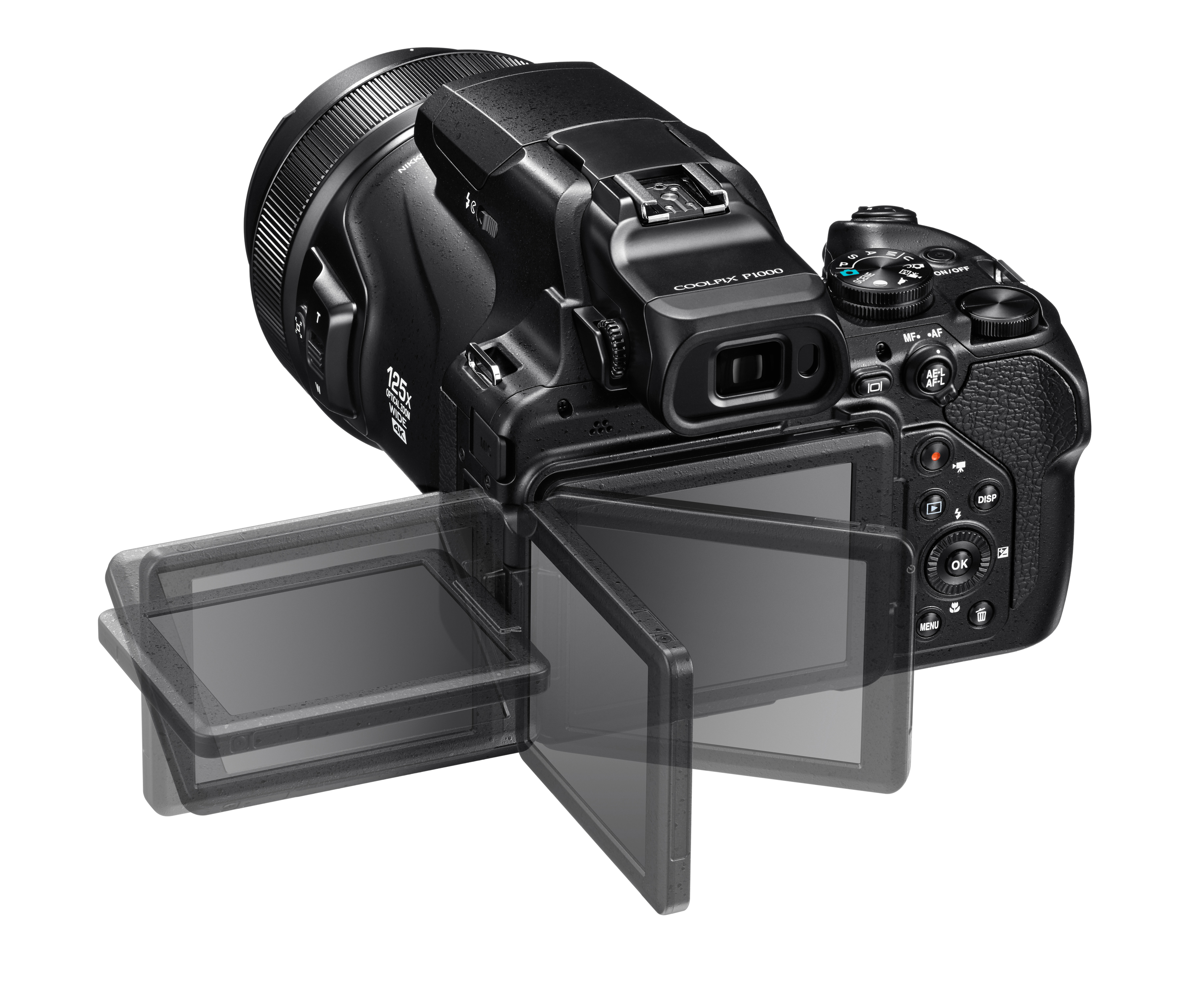 Eine schwarze Digitalkamera, der Bildschirm ist geöffnet und zeigt eine Ansicht, in einem hellen Studio.