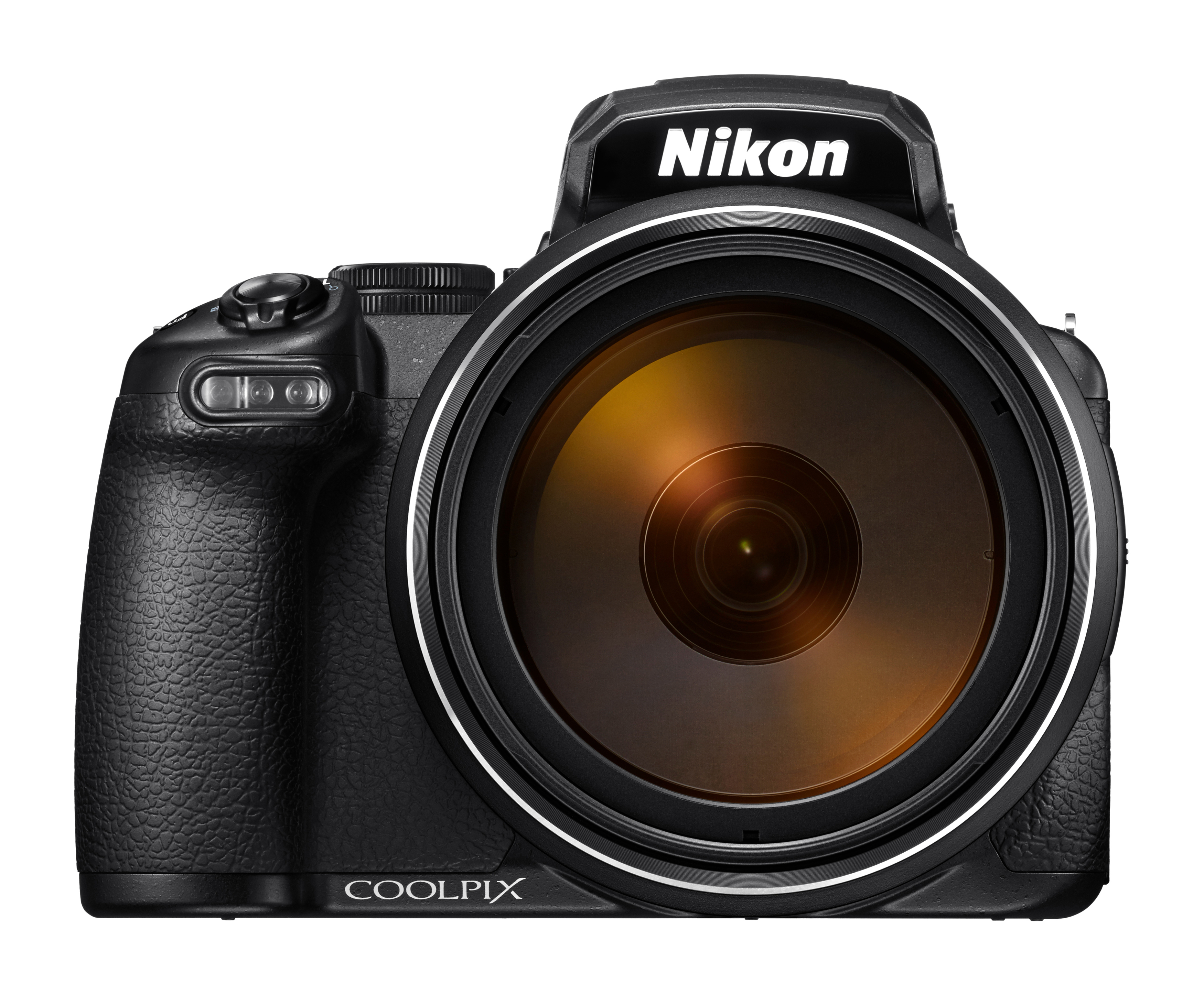 Schwarze Nikon Coolpix Kamera mit großem Objektiv. Nikon-Logo oben. Vorderansicht.