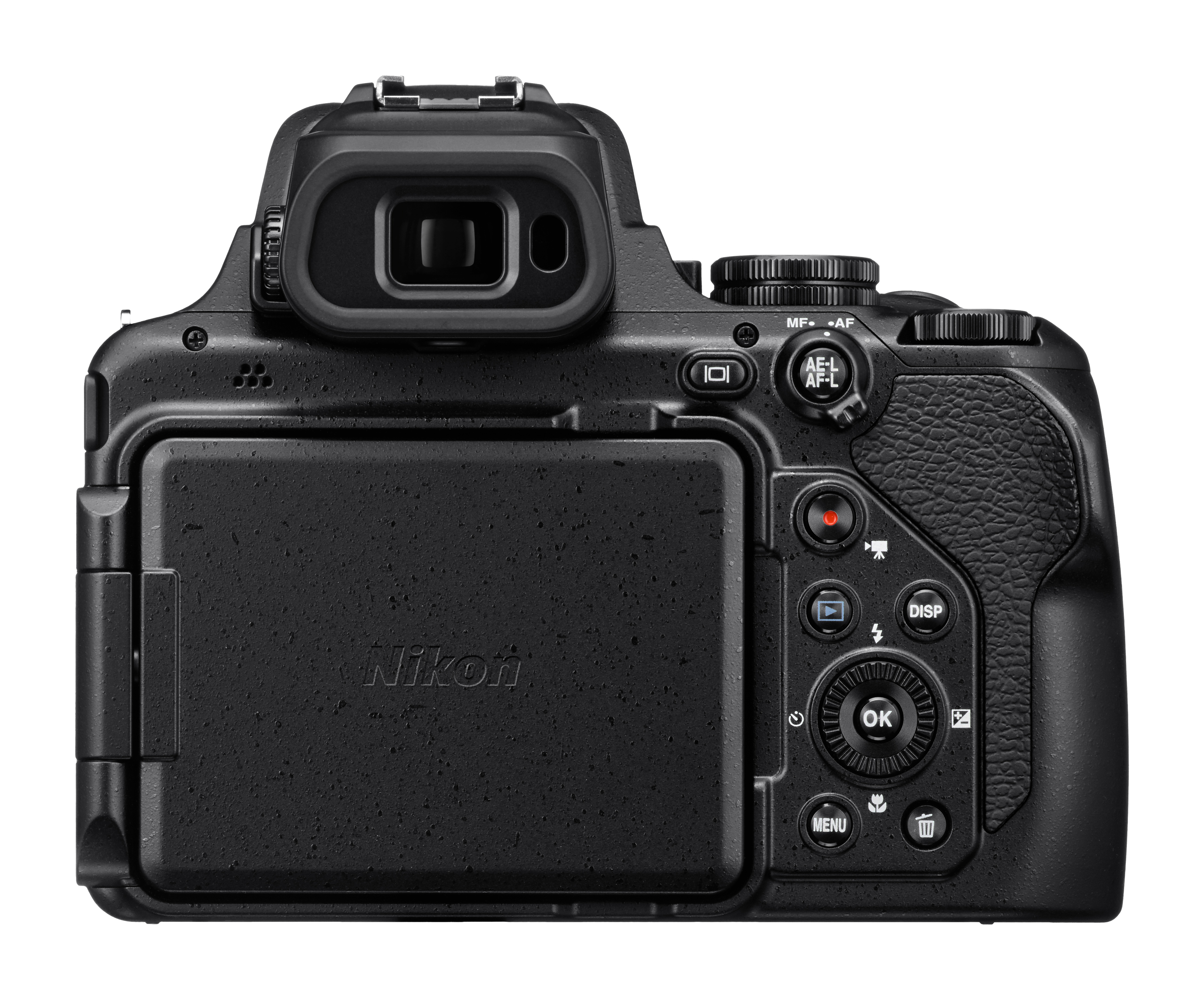 Eine schwarze Nikon-Kamera, Rückansicht, mit Knöpfen, einem Bildschirm und dem Nikon-Logo.
