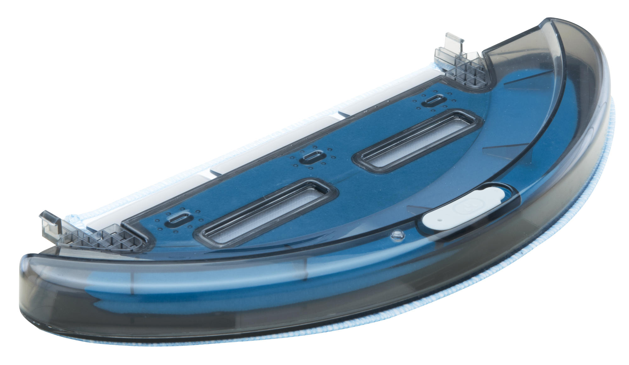 Ein blauer und transparenter Staubsauger-Wassertank. Er hat eine blaue Oberfläche mit zwei rechteckigen Öffnungen und einen weißen Knopf.