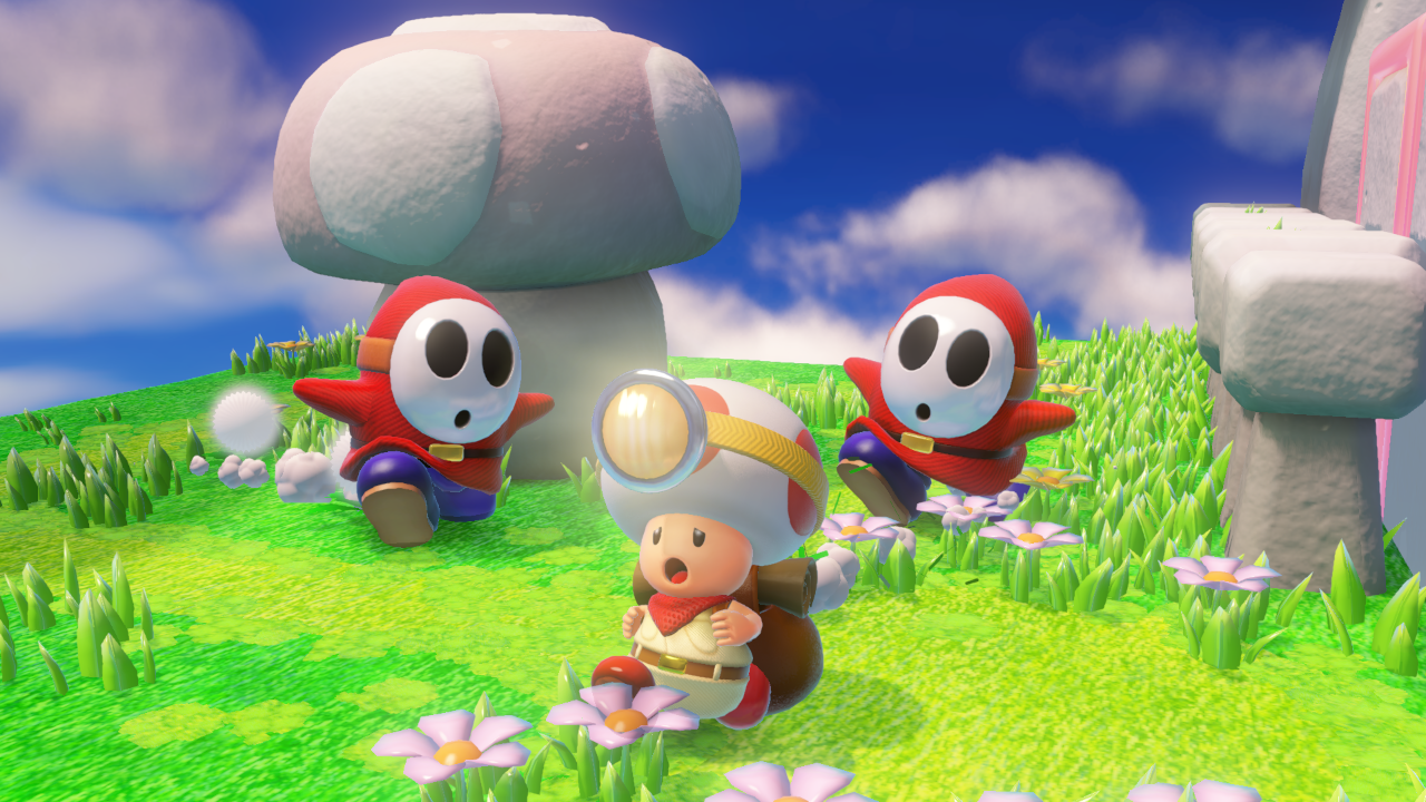 Toad en twee Shy Guys in een kleurrijk landschap. Grote paddenstoel op de achtergrond. Blauwe lucht.