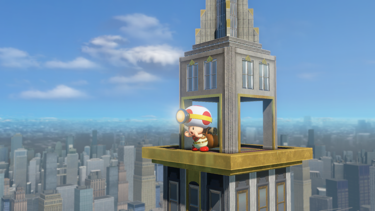Toad karakter bovenop het Empire State Building, kijkend door een telescoop, met stadsachtergrond.