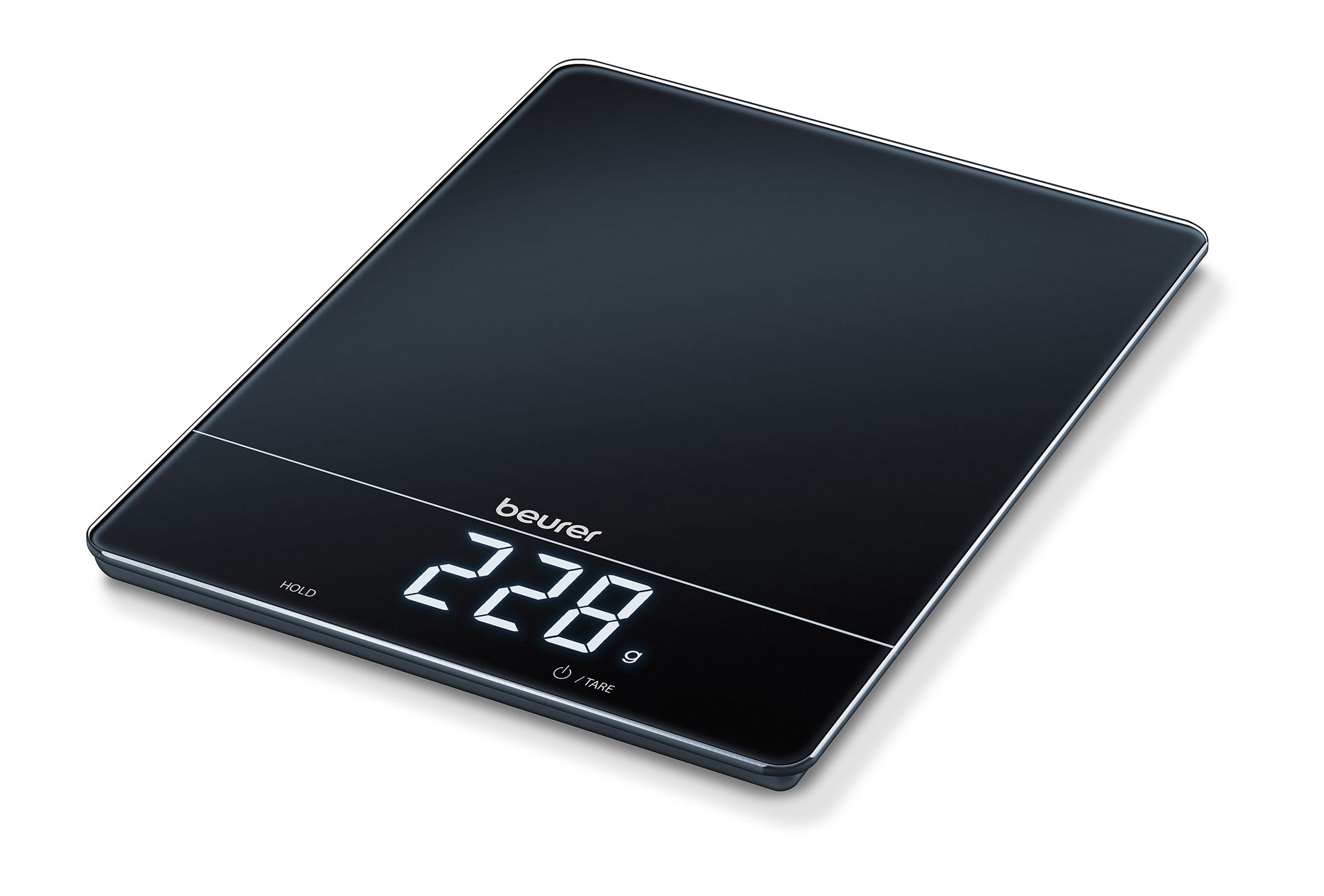 Schwarze digitale Küchenwaage, zeigt 228g an. Marke Beurer.