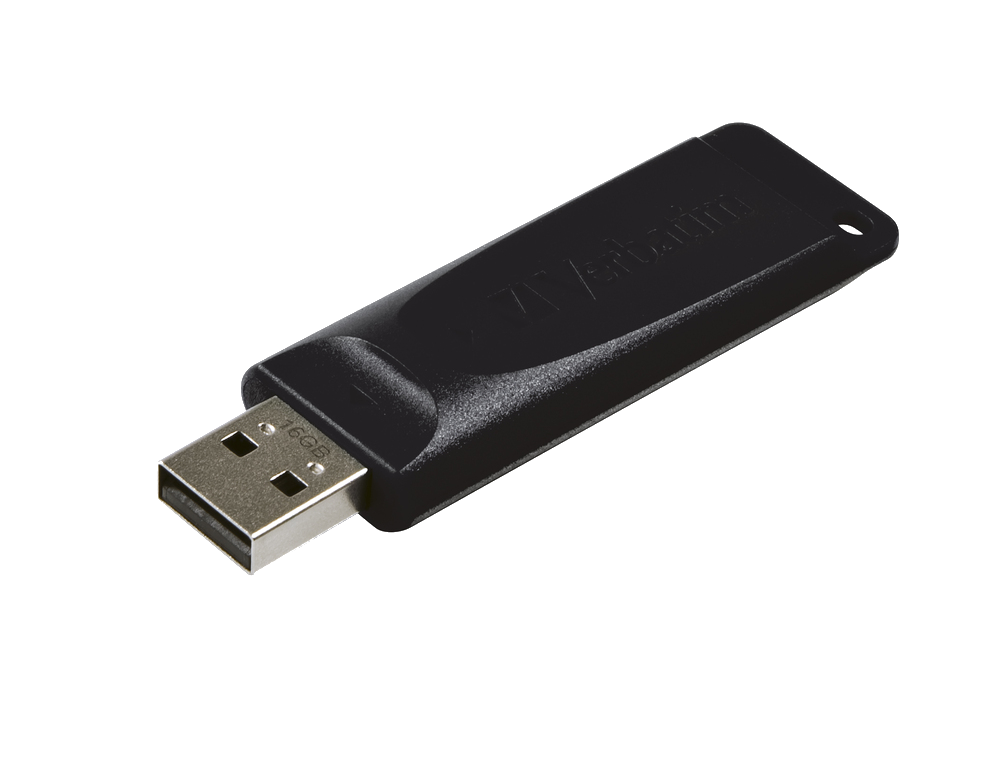 Egy fekete Verbatim USB flash meghajtó fekete felületen.