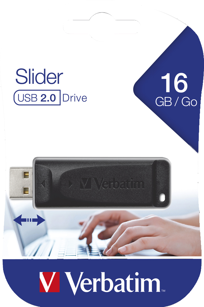 Egy Verbatim USB meghajtó a csomagolásában. A meghajtó fekete, a csomagolás nagyrészt kék.
