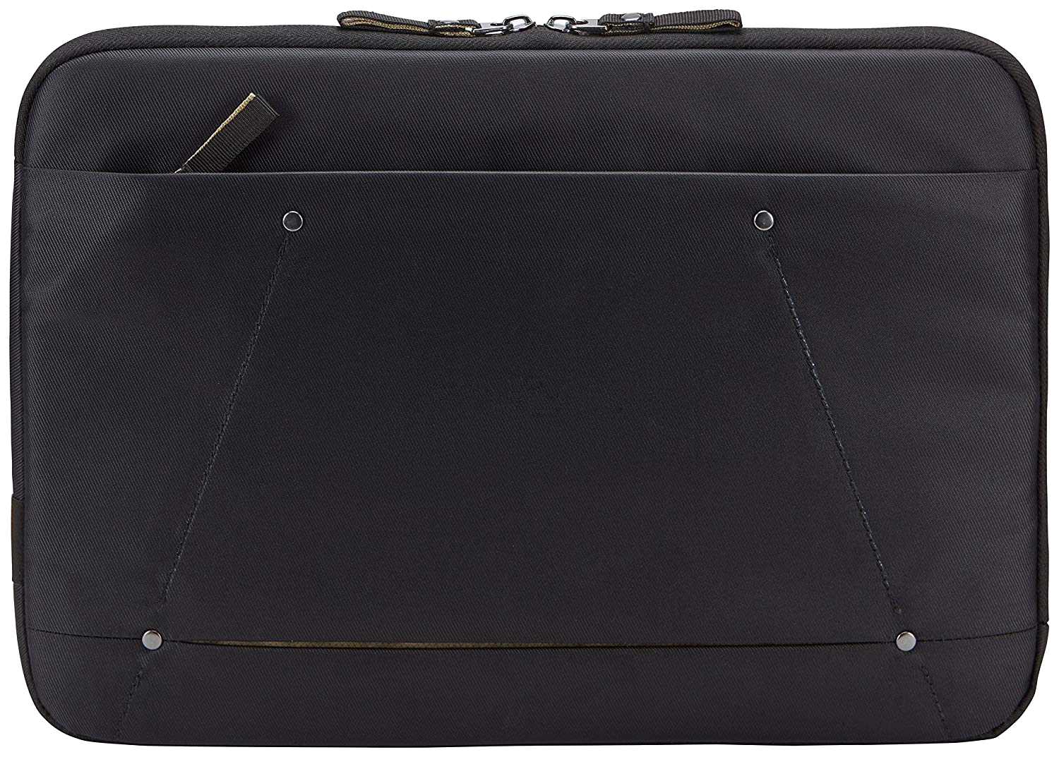 Fekete laptop tok elülső zsebbel és cipzárral.