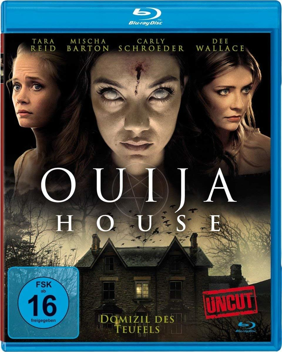 Ouija House DVD-Cover. Gesichter von Frauen, ein Haus und ein Pentagramm. Der Titel Ouija House ist sichtbar.