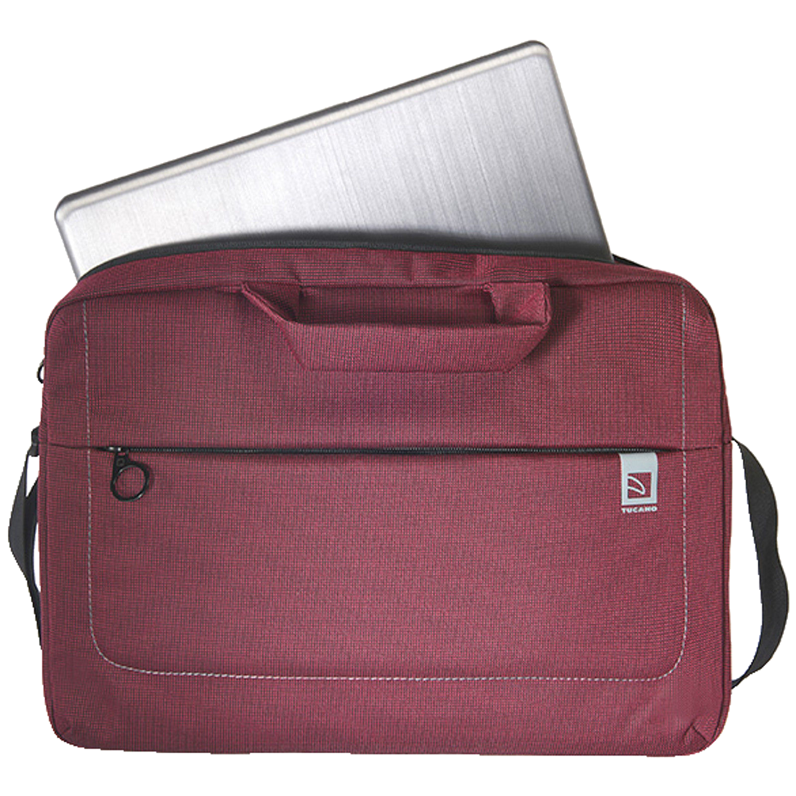 Bordó laptop táska egy laptop-pal benne, fekete háttéren.