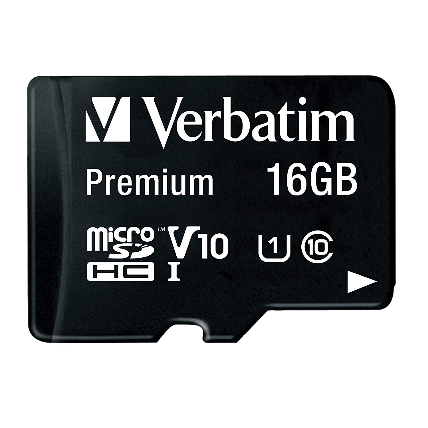 Fekete Verbatim Premium microSD kártya fehér márkajelzéssel, fekete háttéren.