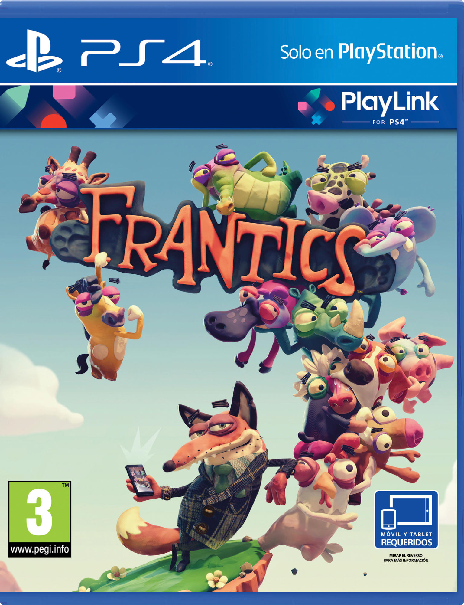 Portada del juego Frantics para PS4. Presenta animales de dibujos animados, un zorro con un teléfono. Caja azul.