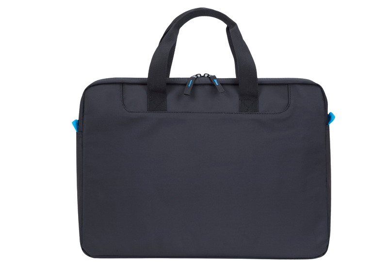 Fekete laptop táska fogantyúval és kék cipzárral, egyszerű háttérrel.