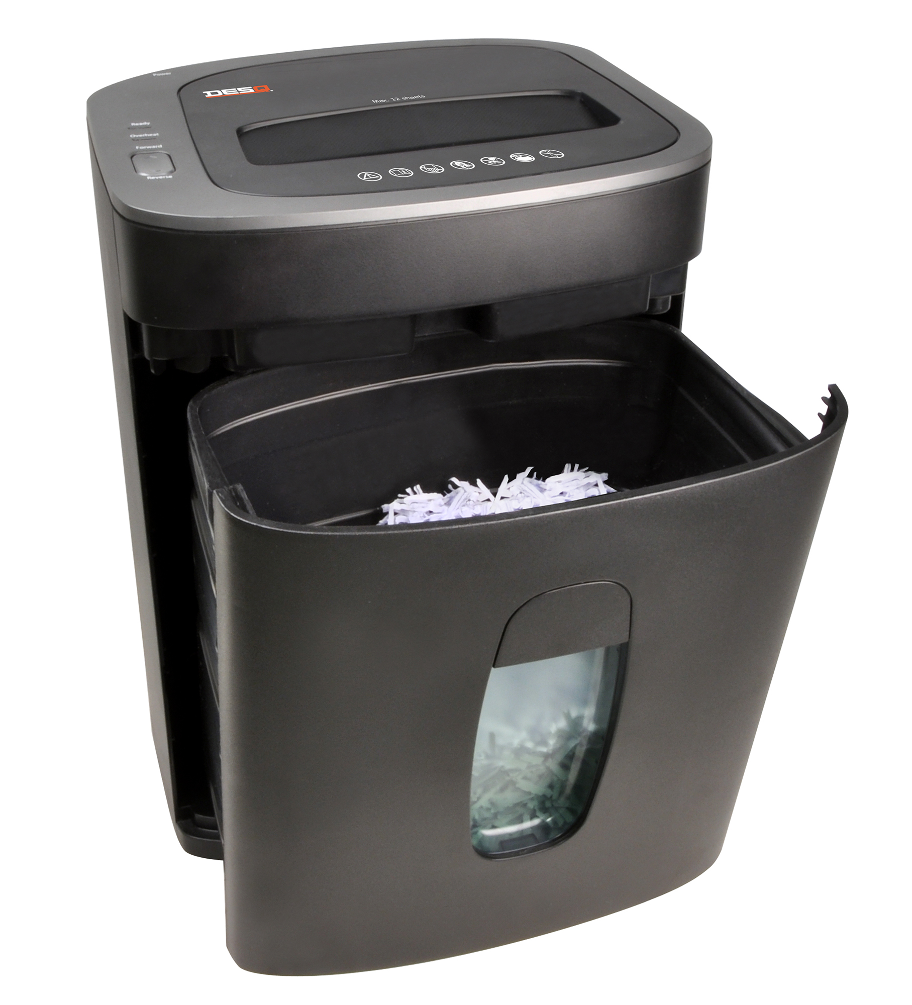 Black paper shredder with a container full of shredded paper.