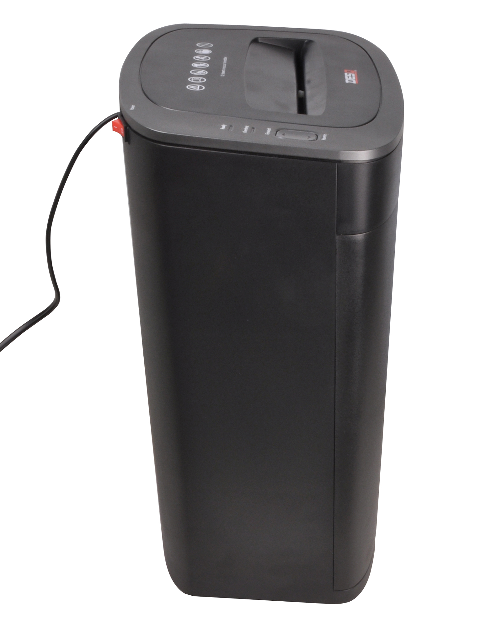 A black paper shredder. It is tall and rectangular, with buttons on top and a power cord.
