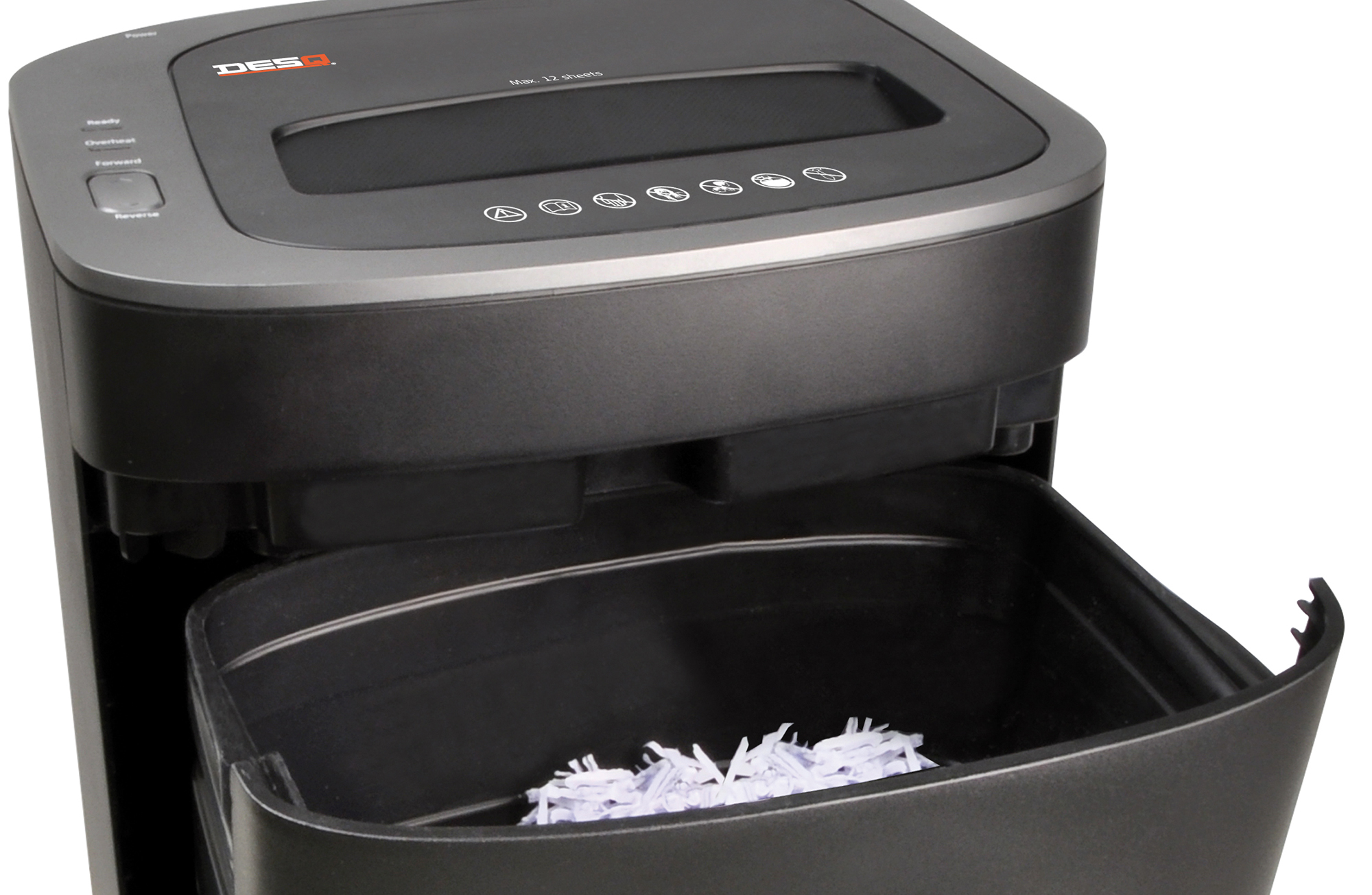 Black paper shredder, bin open with shredded paper visible. Top controls are visible.