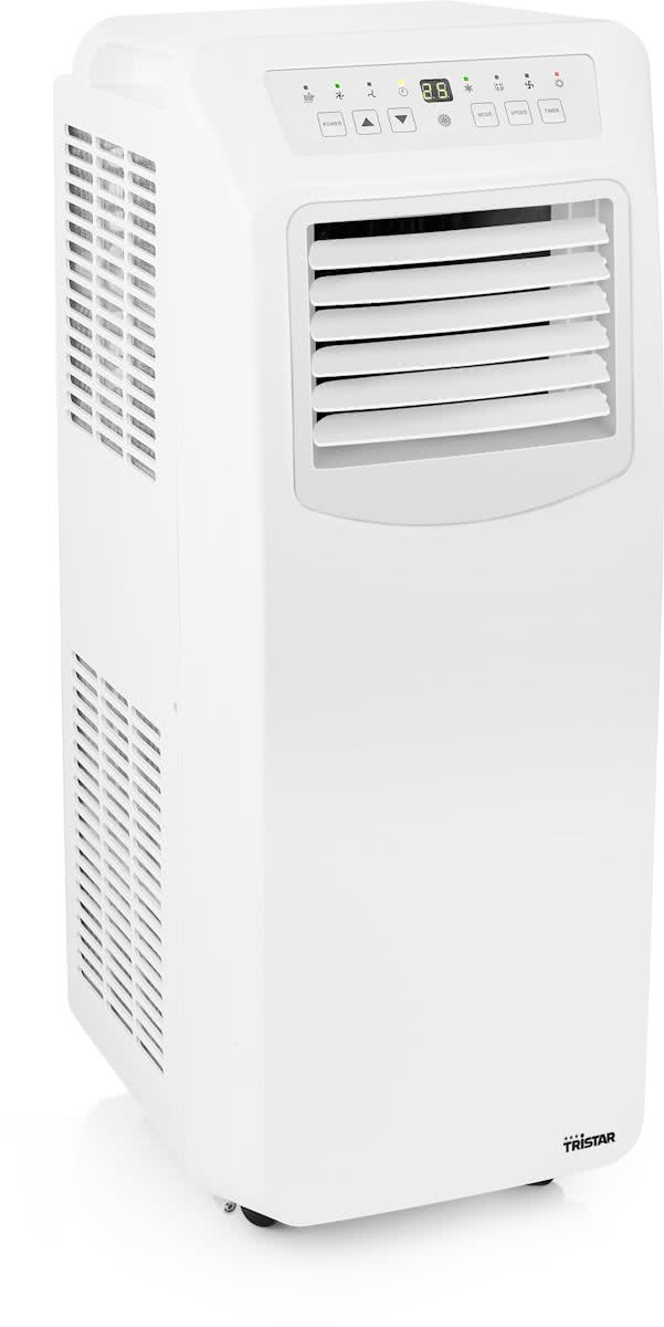 Climatiseur portable blanc sur fond blanc.