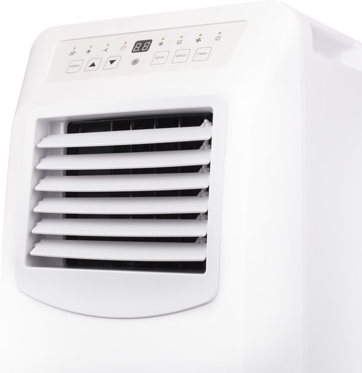 Un refroidisseur d'air portable blanc avec un affichage numérique et un panneau de commande en haut. Les lamelles sont ouvertes.