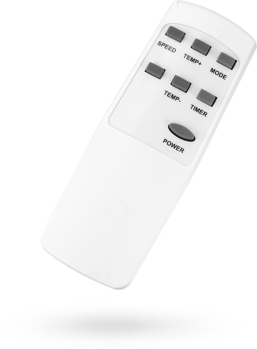 Télécommande blanche pour un appareil avec des boutons étiquetés vitesse, temp, mode, temp-, minuterie.