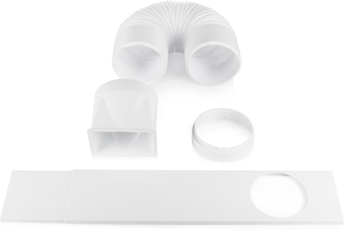 Composants en plastique blanc pour un système de ventilation : une aération, un tuyau, un connecteur et un couvercle.