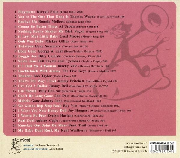 Rückseite einer CD-Hülle mit Titellisten. Verschiedene Songtitel und Künstler sind auf blauem und rosa Hintergrund aufgeführt.