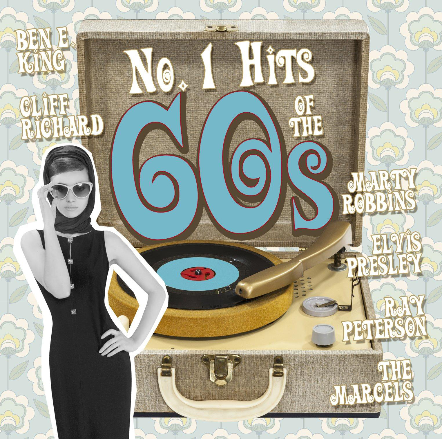 Albumcover: Nr. 1 Hits der 60er, mit Frau, Plattenspieler und verschiedenen Künstlern.