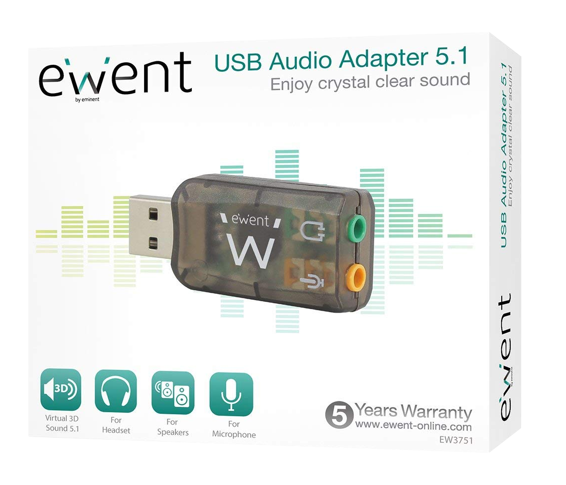 Ewent USB Audio Adapter 5.1, egy kis eszköz USB csatlakozóval és audio csatlakozókkal.