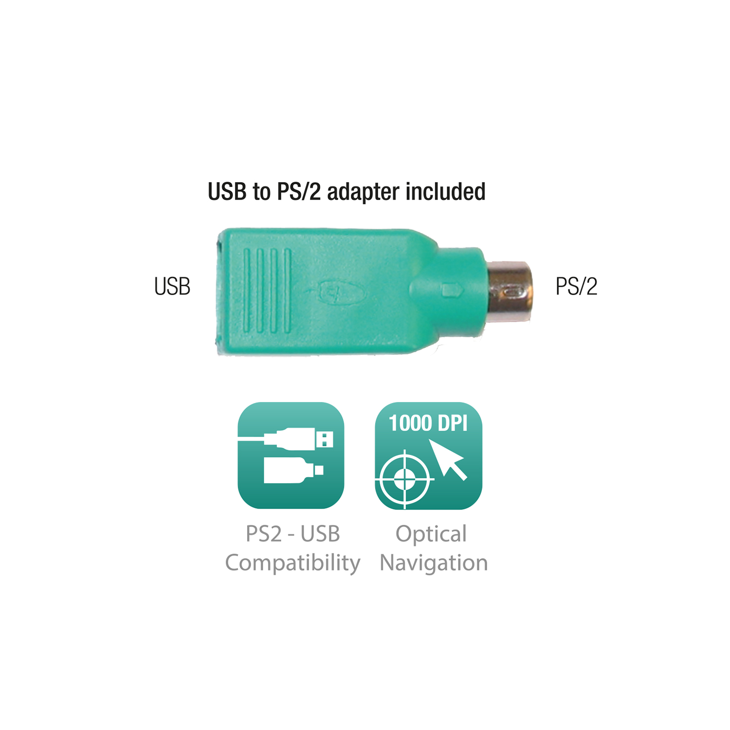 Zöld USB-PS/2 adapter, PS2-USB kompatibilitási és optikai navigációs ikonokkal.