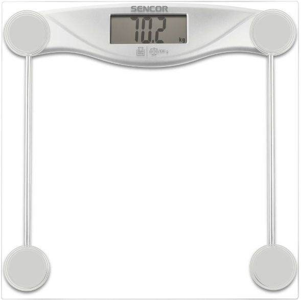 Fehér fürdőszobai mérleg, digitális kijelzővel, 70,2 kg-ot mutat. Négy szürke kör a sarkokon.