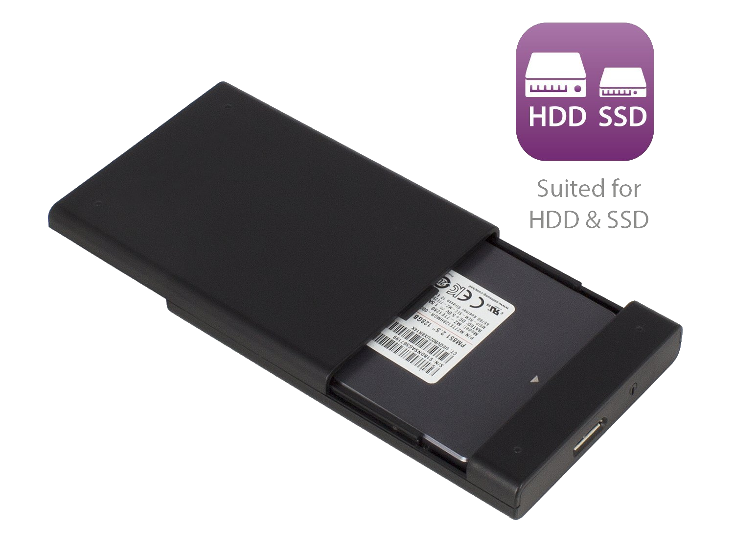 Egy fekete tok merevlemezzel és 'HDD SSD' felirattal. A tok nyitva van.