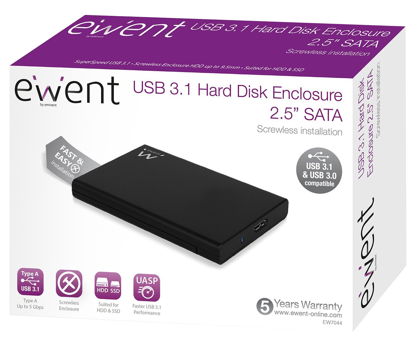 Fekete USB 3.1-es merevlemez-ház doboza. Fehér szöveg, USB és SATA logók. Fekete háttér.