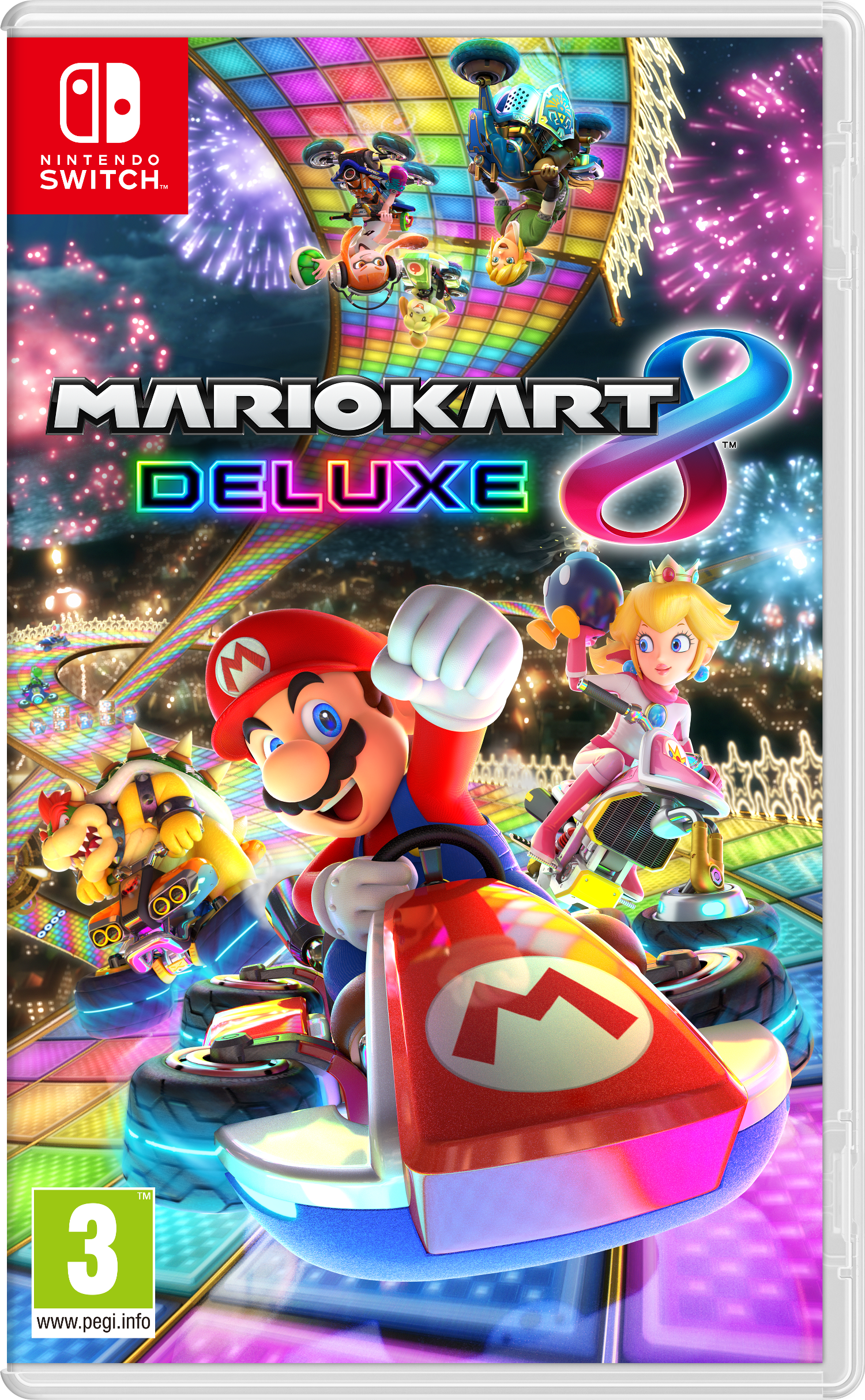 Mario ve Prenses Peach'in kapakta olduğu Mario Kart Deluxe 8 oyun kutusu.