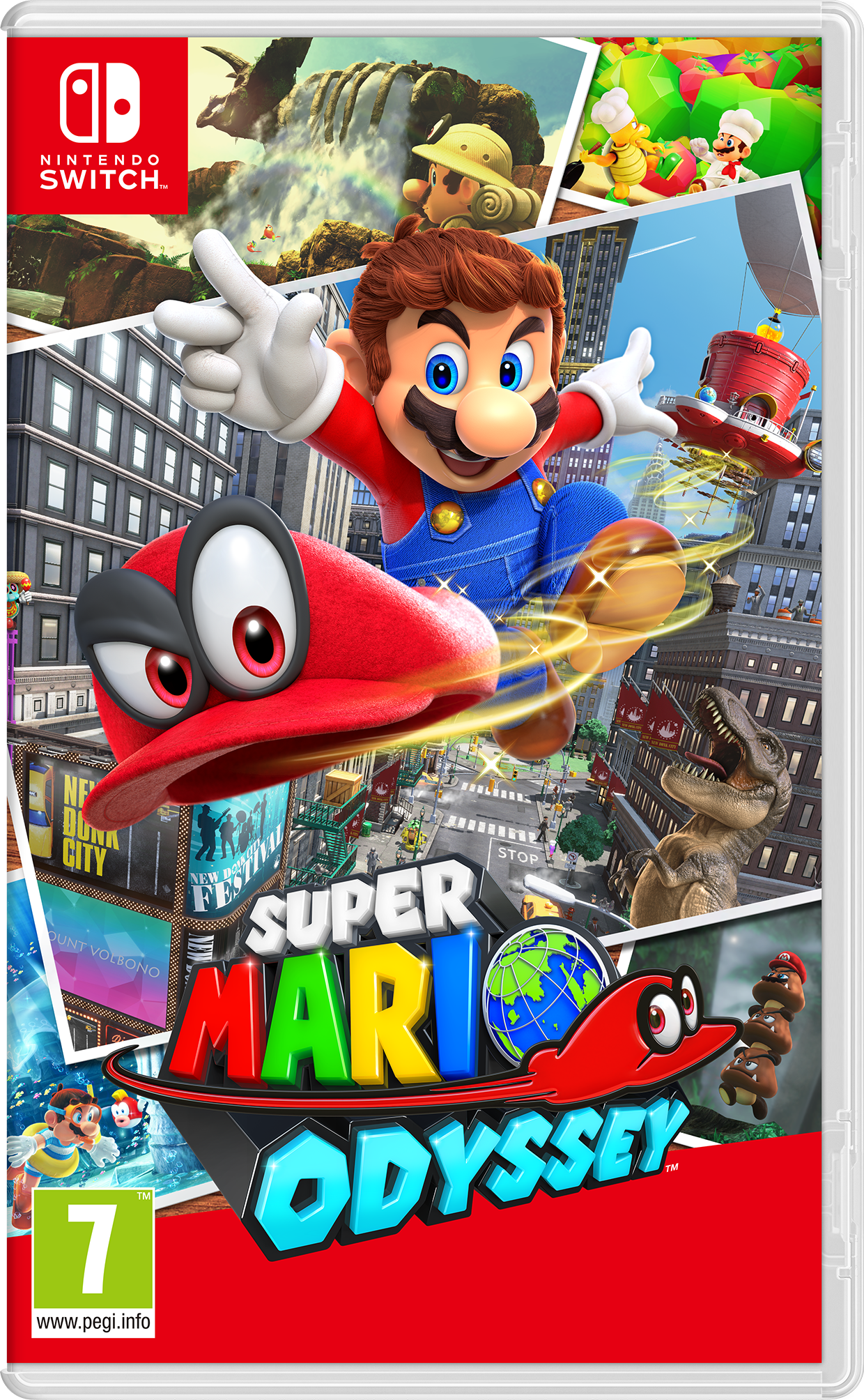 Kapakta Mario ve diğer karakterlerin bulunduğu Super Mario Odyssey oyun kutusu. Arka planda binalar.