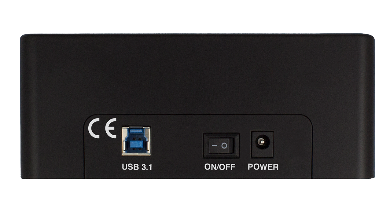 Fekete eszköz hátulja USB 3.1 porttal, be/ki kapcsolóval és árambemenettel.